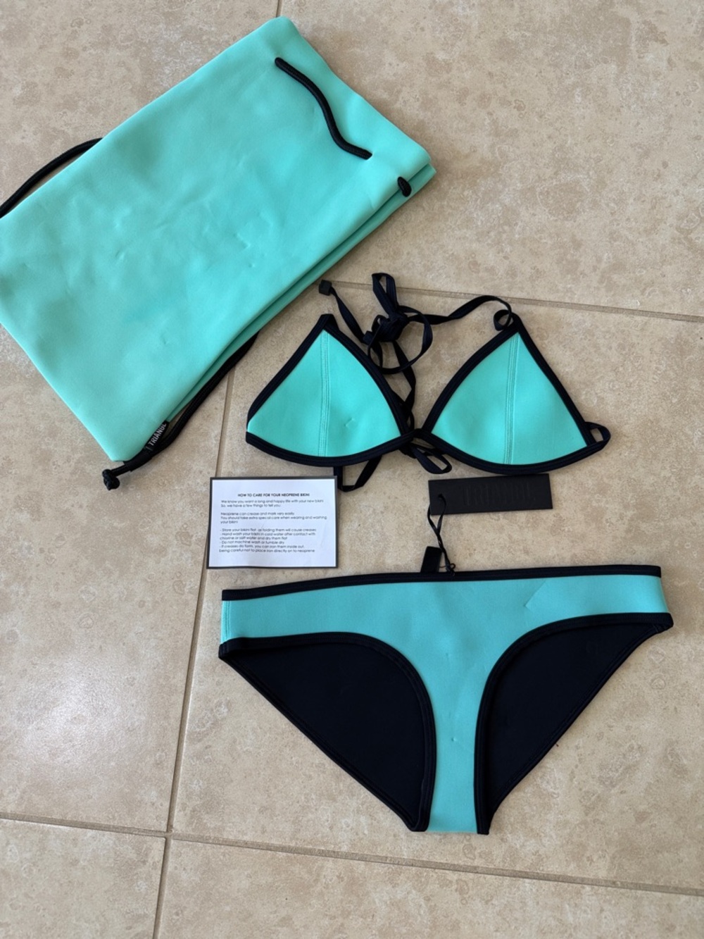 Triangle Bikini Set in Aqua with Black Trim - Women Swim